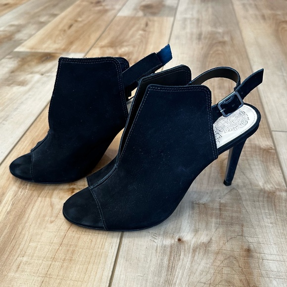 EUC Vince Camuto Catina Black Suede Peep Toe Sling Back Heel Sandal 6 1/2 - Picture 3 of 14